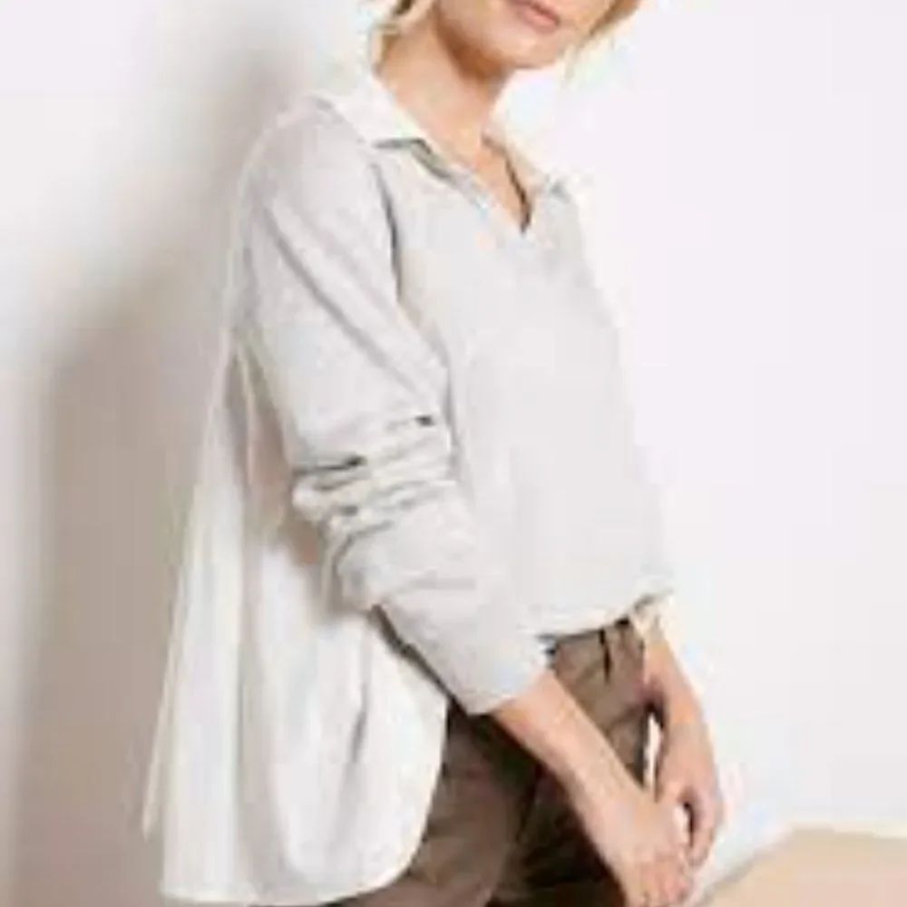 MONROW POPLIN MIX COLLAR SWEATSHIRT LIGHT GRAY WITH WHITE SIZE LARGE RETAIL $158